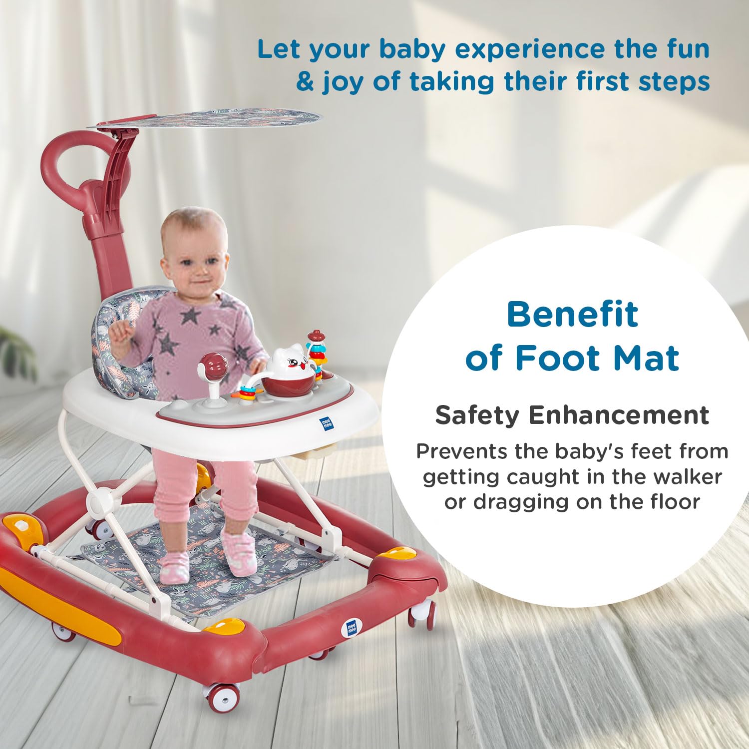 Baby standing on a red and white walker with a foot mat, indoors.